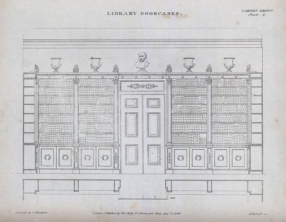 Cabinet-making: library bookcases surrounding a door. Engraving by E. Turrell after H. Whitaker, 1848.