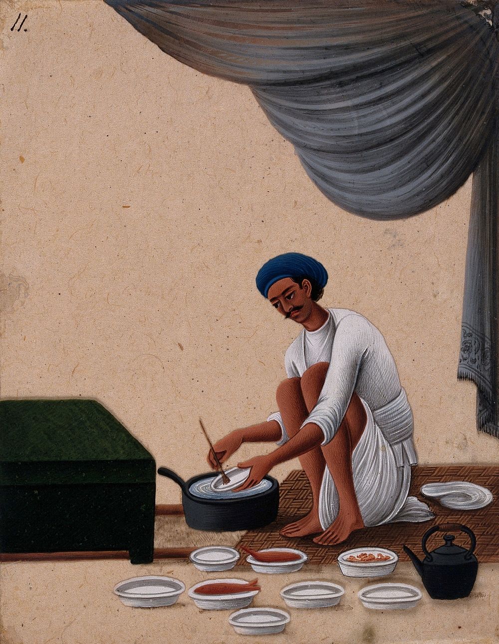 A man washing dishes. Gouache painting on mica by an Indian artist.