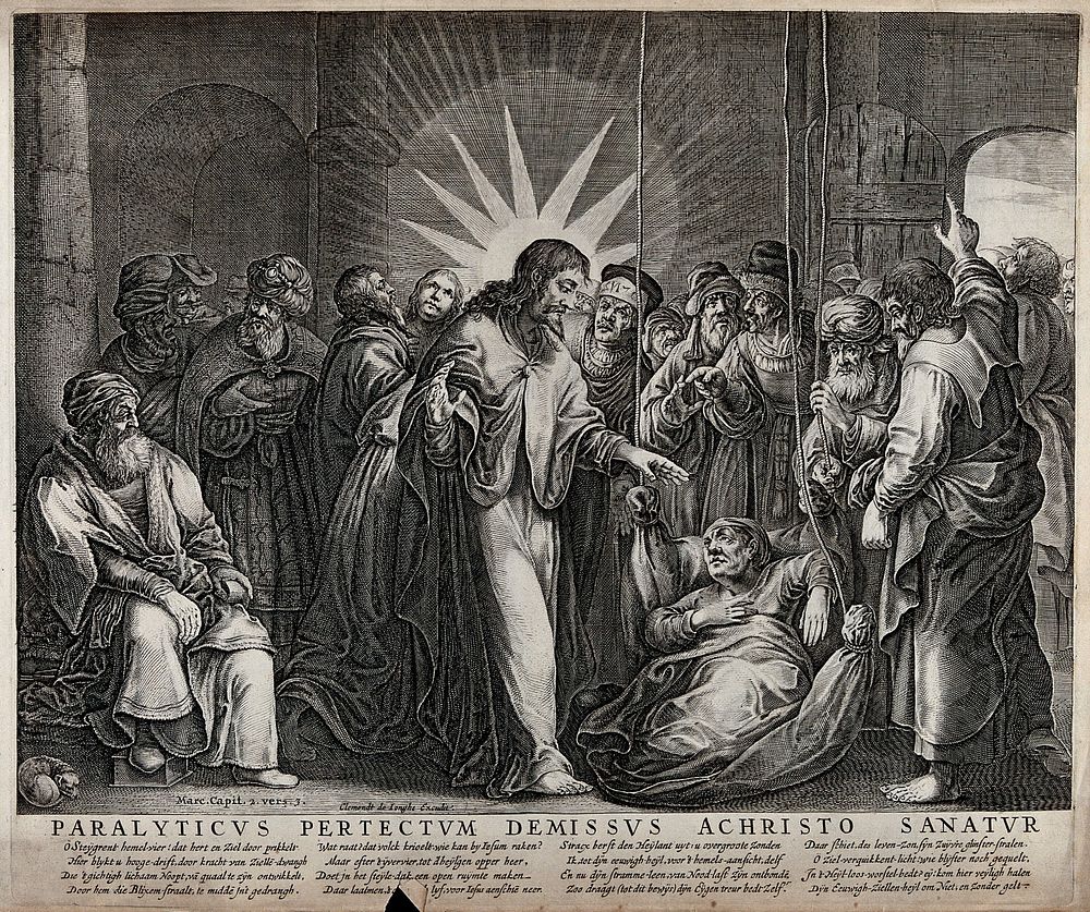 Christ healing paralysed people at the temple. Engraving.