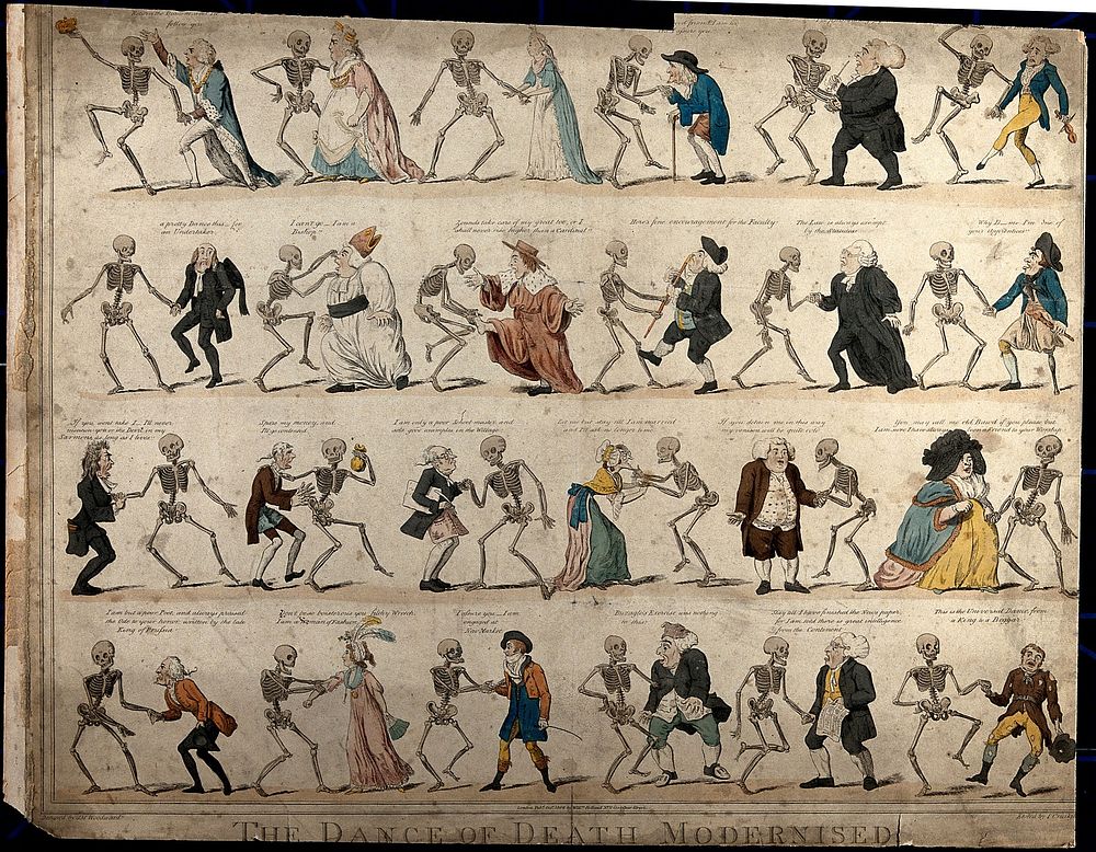 The dance of death. Coloured etching by I. Cruikshank, 1808, after G.M. Woodward, ca. 1795/1797.