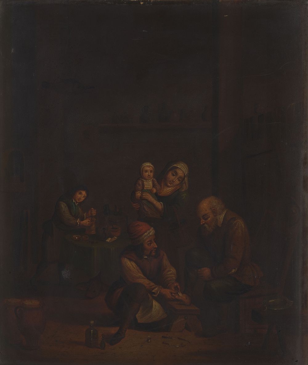 A surgeon attending to a man's foot, and three other figures. Oil painting by a follower of David Teniers the younger.