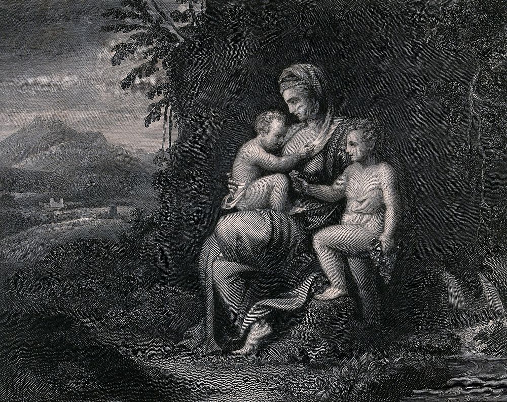 As the personification of Charity, a woman is holding two children by her side. Engraving by J. Phelps.