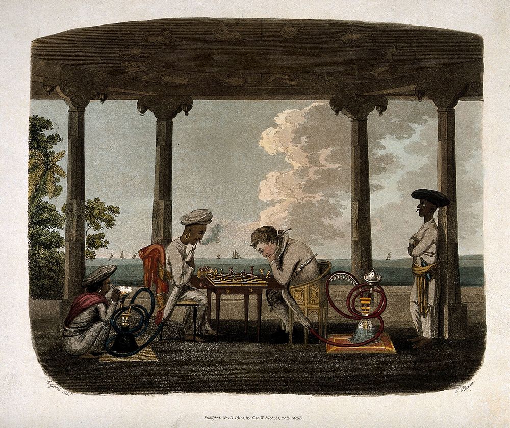 An Englishman and Asian man under an arbor playing chess and both smoking the hooka. Coloured aquatint by T. Rickards, c.…