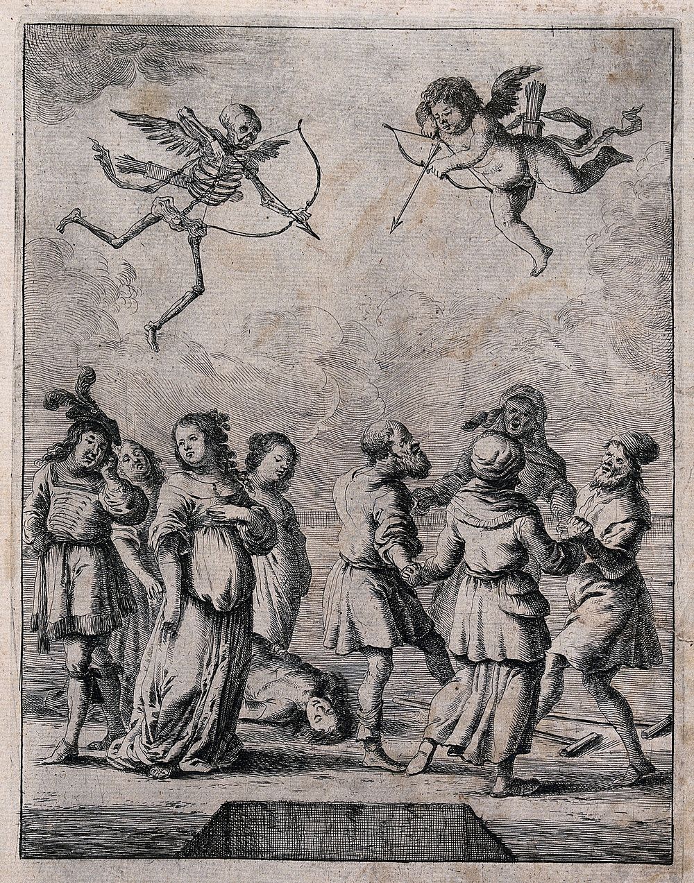 A young figure lies dead on the ground and is surrounded by a group of figures with love and death flying above. Etching.