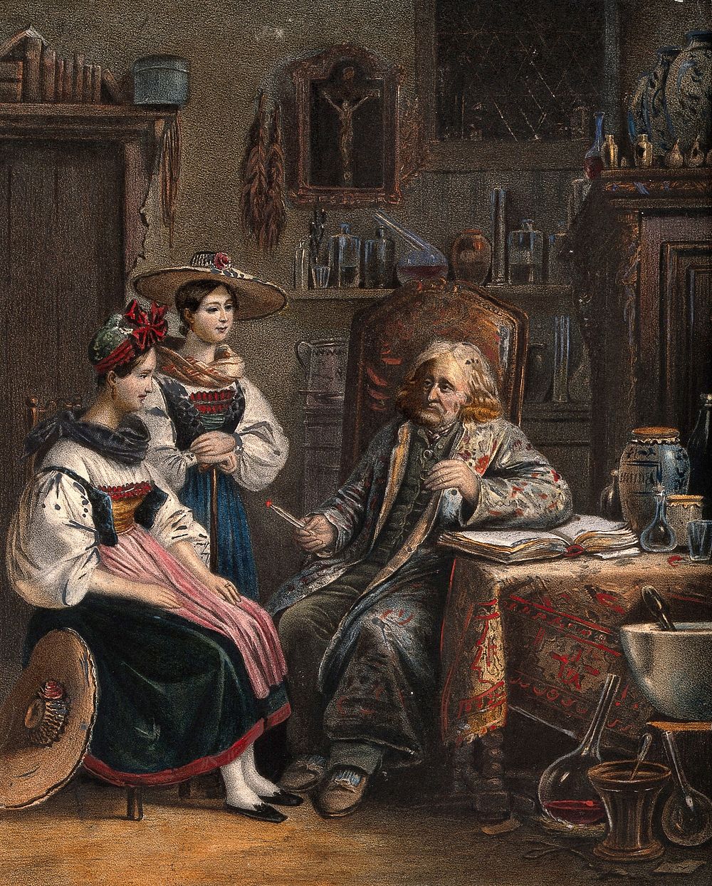 A lady, with her maid, consults an apothecary in his workroom, for a love philtre . Coloured lithograph, c.1850.