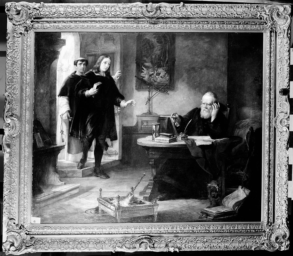 Milton visiting Galileo when a prisoner of the Inquisition. Oil painting by Solomon Alexander Hart, 1847.