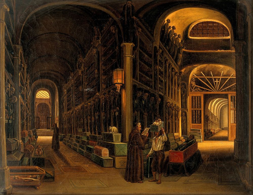 The burial vault of the Capuchins at Palermo. Oil painting by E.R., 1839.
