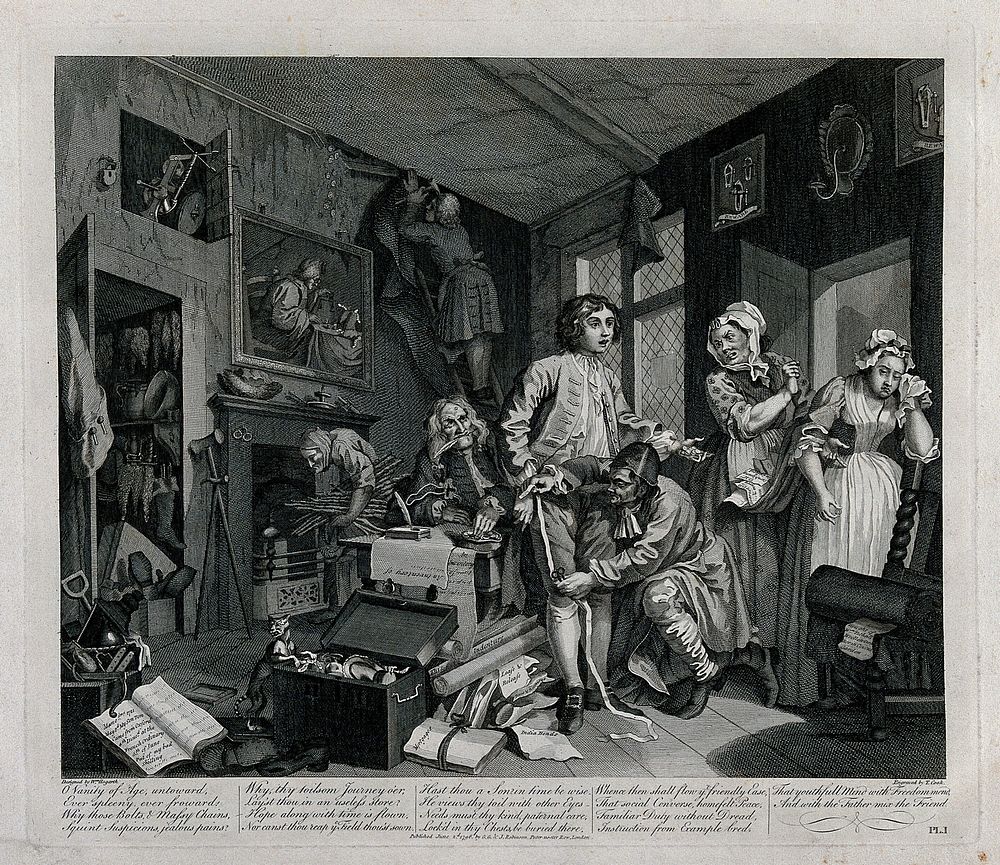 A rake, Tom Rakewell, is measured for new clothes while a servant is hanging the room in black to show mourning. Engraving…