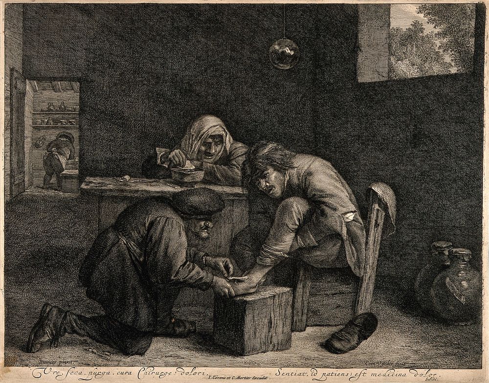 A surgeon treating the foot of a male patient. Etching by C. Visscher after A. Brouwer.