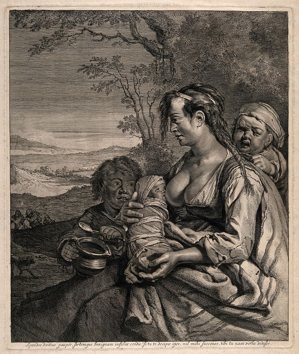 A woman breastfeeding her baby and looking after two small children in a rural setting. Engraving.
