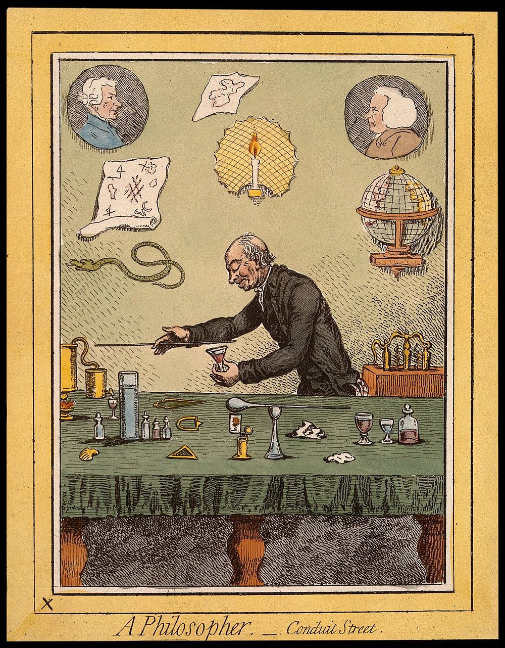 Adam Walker, a natural philosopher, performing scientific experiments. Coloured etching after J. Gillray, 1796.