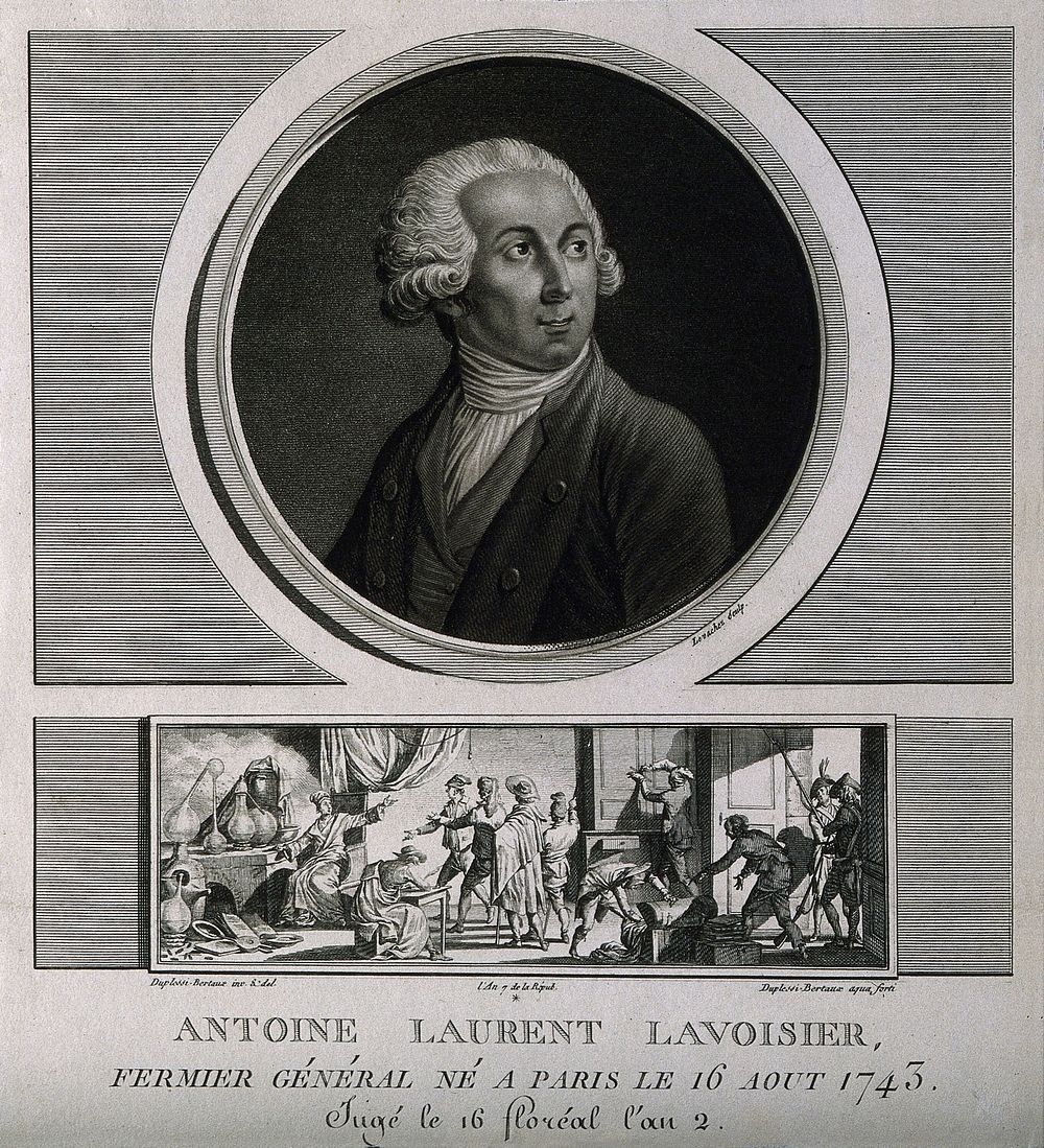 Antoine Laurent Lavoisier. Stipple engraving by C.F.G. Levachez and etching by J. Duplessi-Bertaux, 1798.