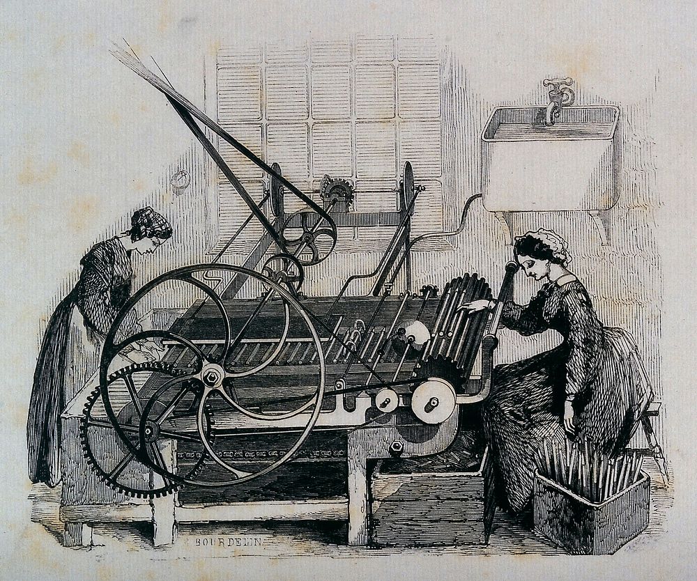 Two women using machinery in the making of candles. Wood engraving by E. Bourdelin.