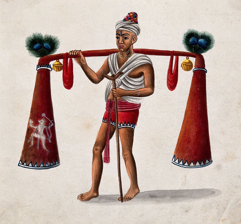India: a man with a crutch carrying tubes decorated with bells and peacock feathers. Watercolour, 18--.