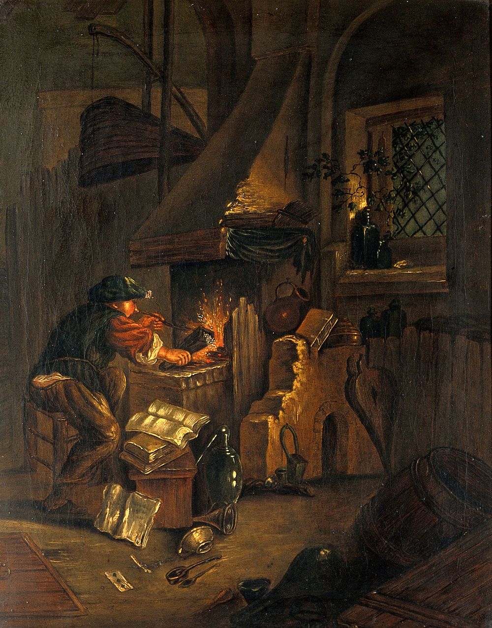 An alchemist in his laboratory. Oil painting by or after Thomas Wijck (Thomas Wyck).