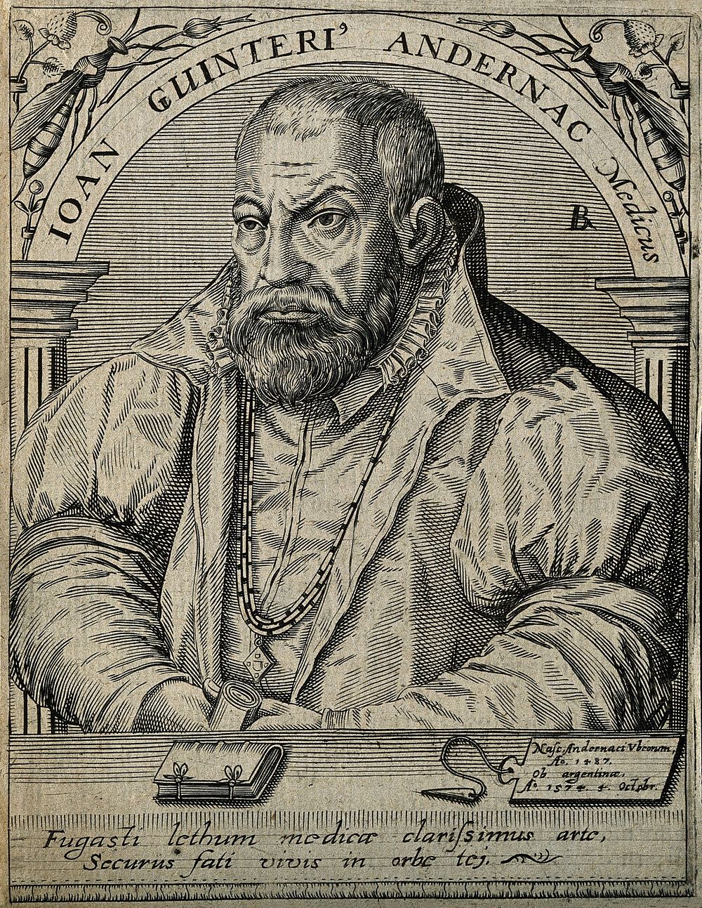 Johann Guenther [Guinter]. Line engraving by T. de Bry.