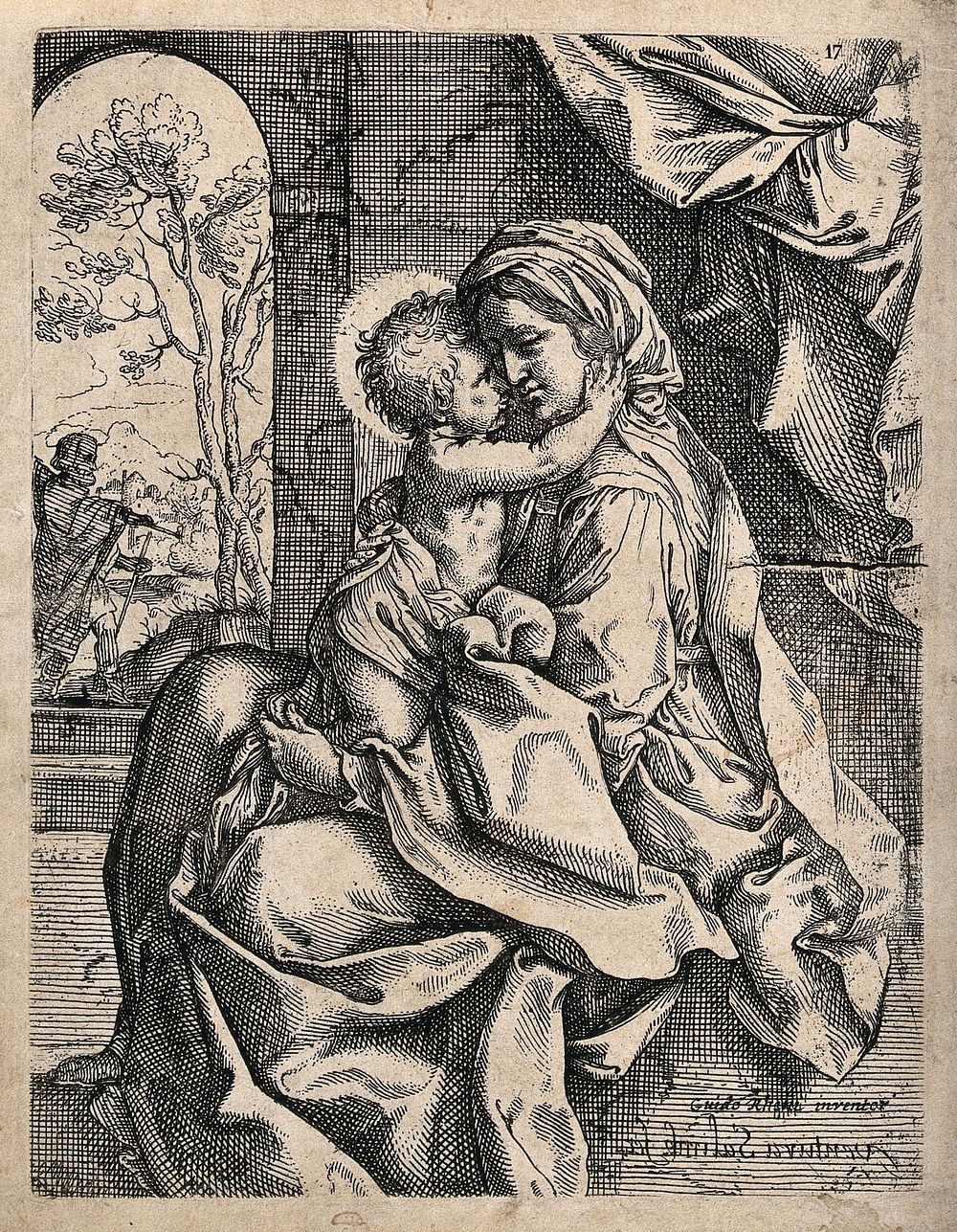 Saint Mary (the Blessed Virgin) and Saint Joseph with the Christ Child. Etching by Ventura Salimbeni, il Bevilacqua, after…