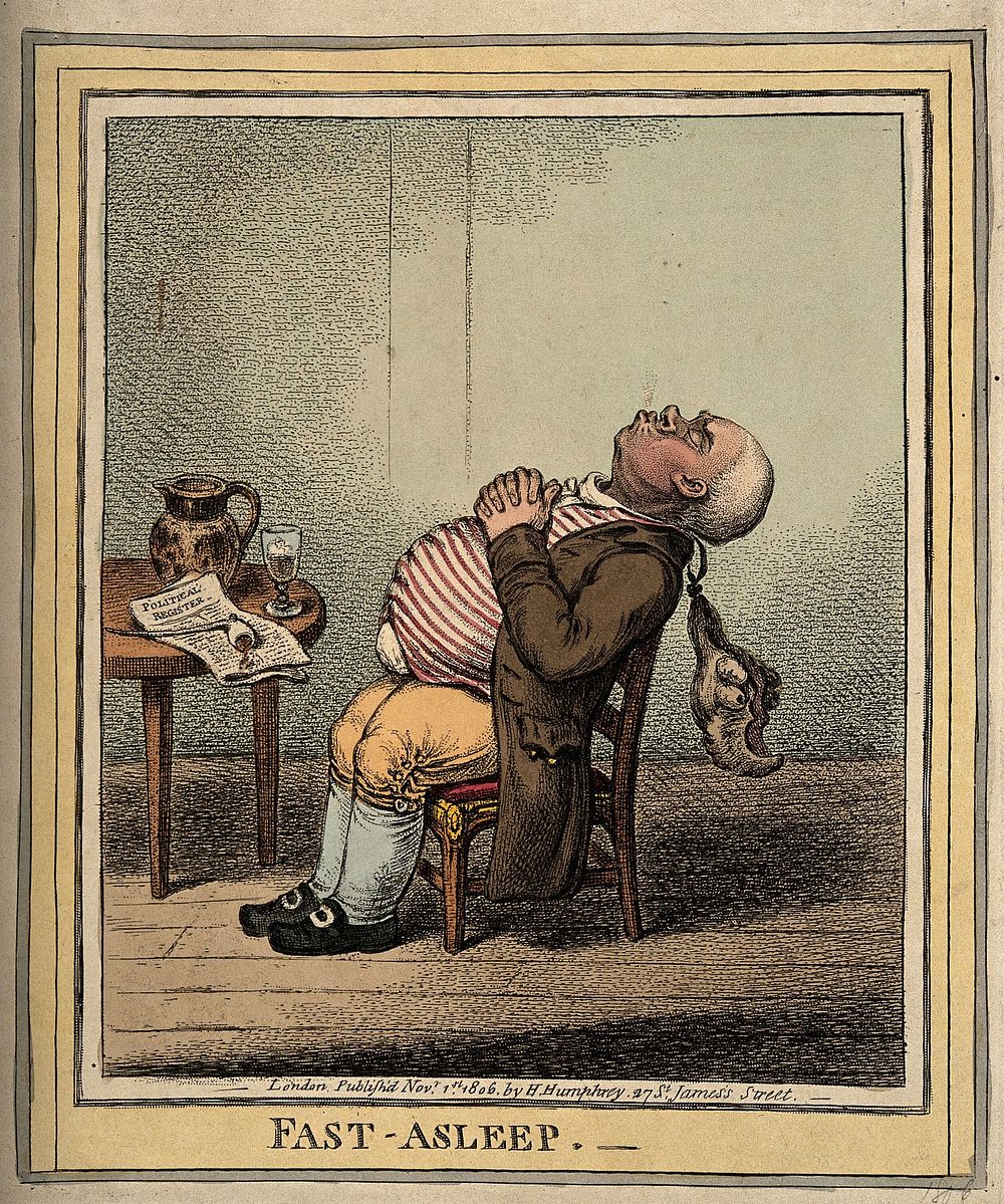 A man fast asleep with his head back and wig dangling. Coloured etching by J. Gillray, 1806.