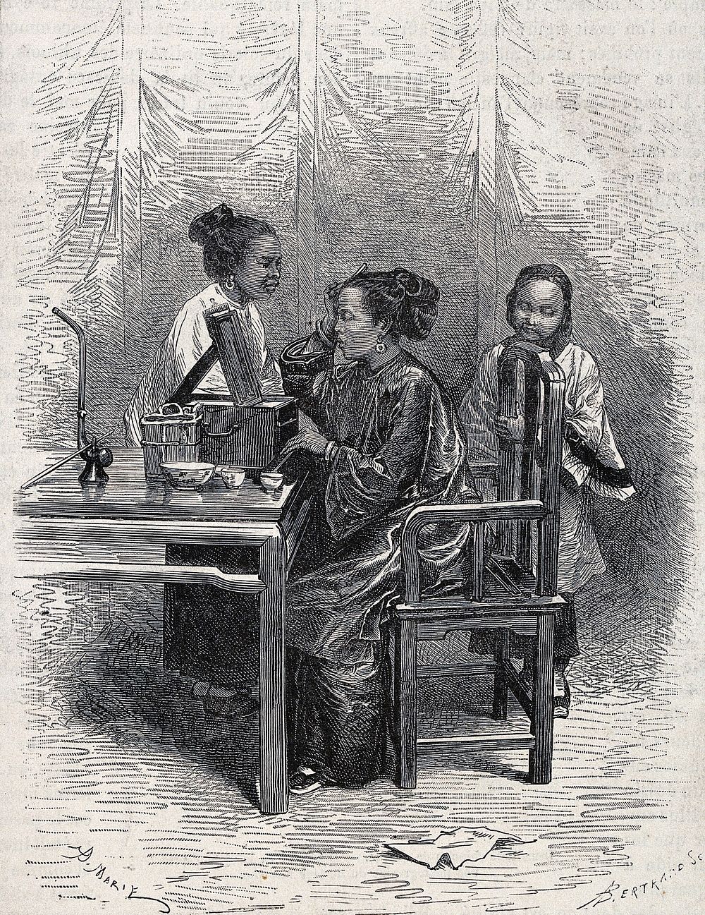 An oriental woman at her toilet, to the left stands a maidservant and to the right a girl. Wood engraving by A. Bertrand…