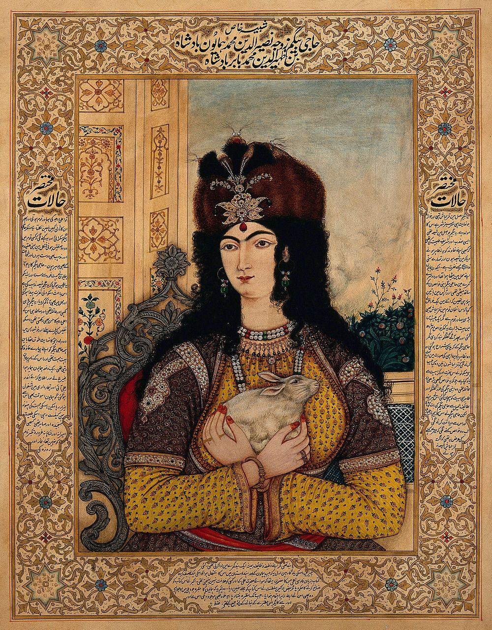 Badshah Humayun's Begum holding a rabbit. Gouache painting by an Indian painter.