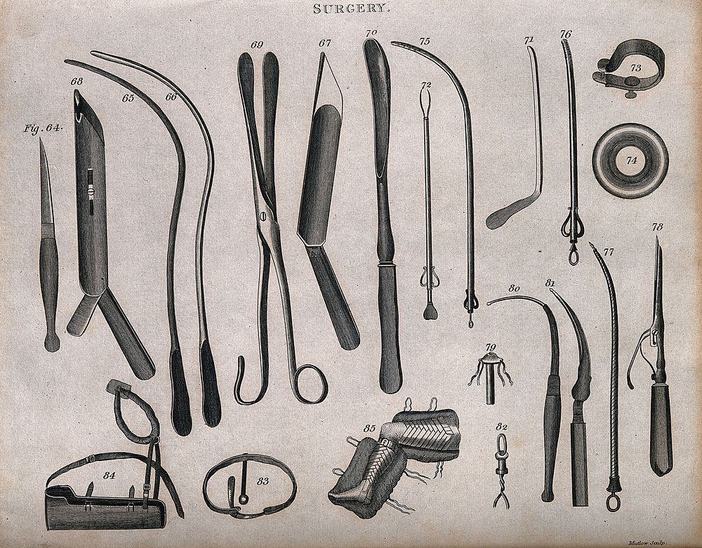 Surgical instruments including trusses and tourniquets. Engraving with etching by Mutlow.