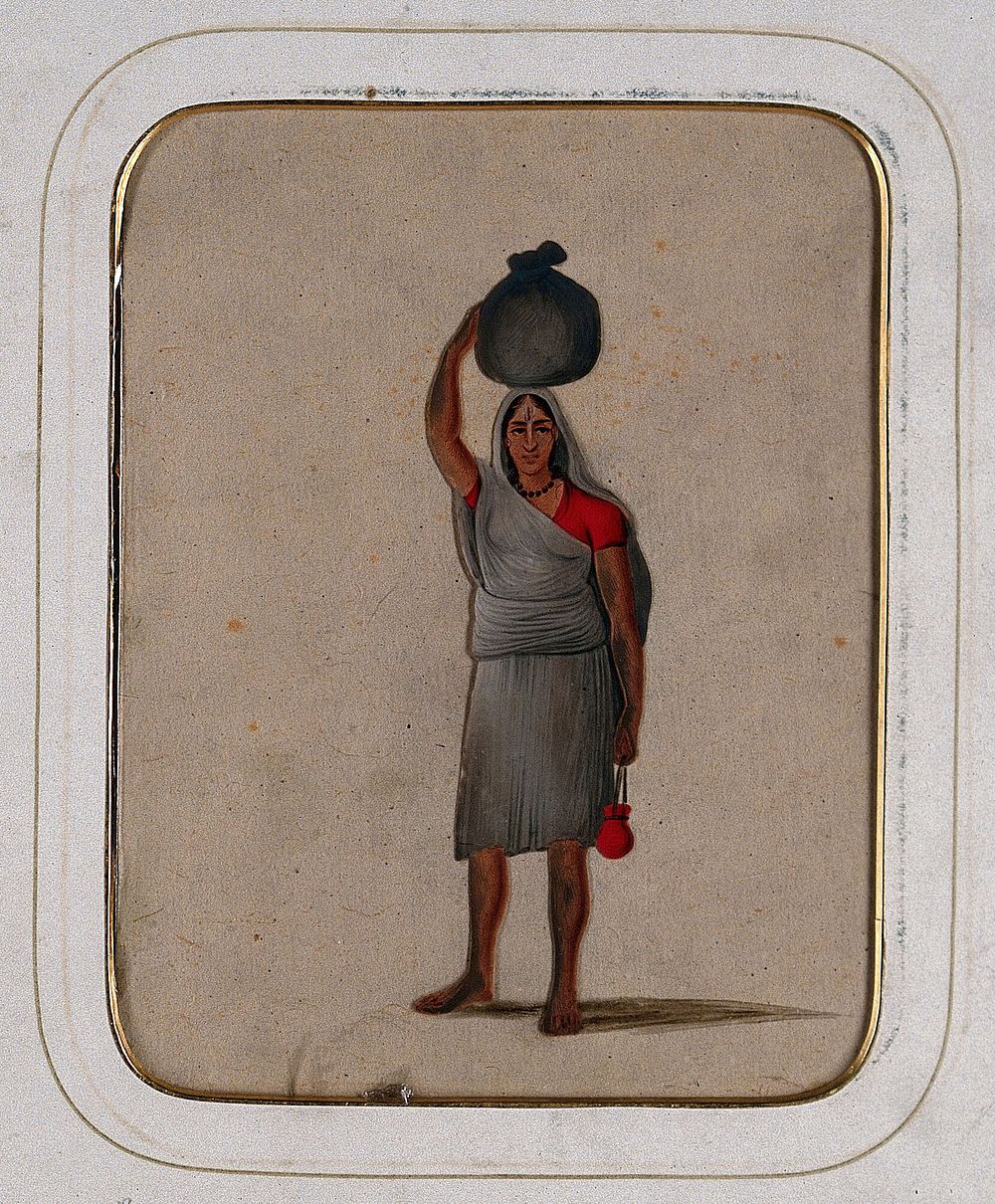A woman with a Vishnu mark on her forehead, carrying a cloth bundle on her head. Gouache painting on mica by an Indian…