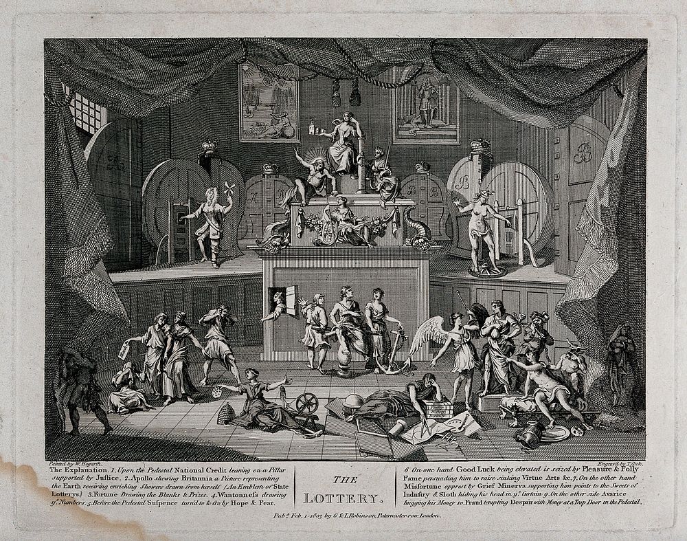 The lottery: the allegorical figures of virtue and vice perform a show on stage; various allegorical figures in the…