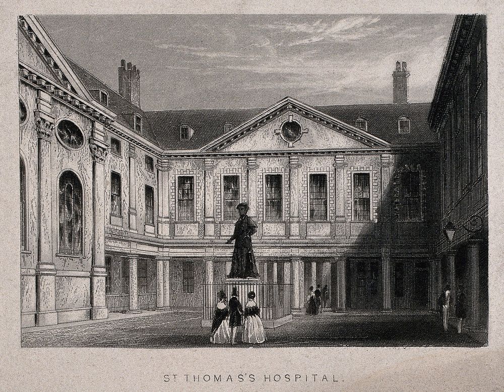 Old St. Thomas's Hospital, Southwark: inside the first courtyard. Engraving.