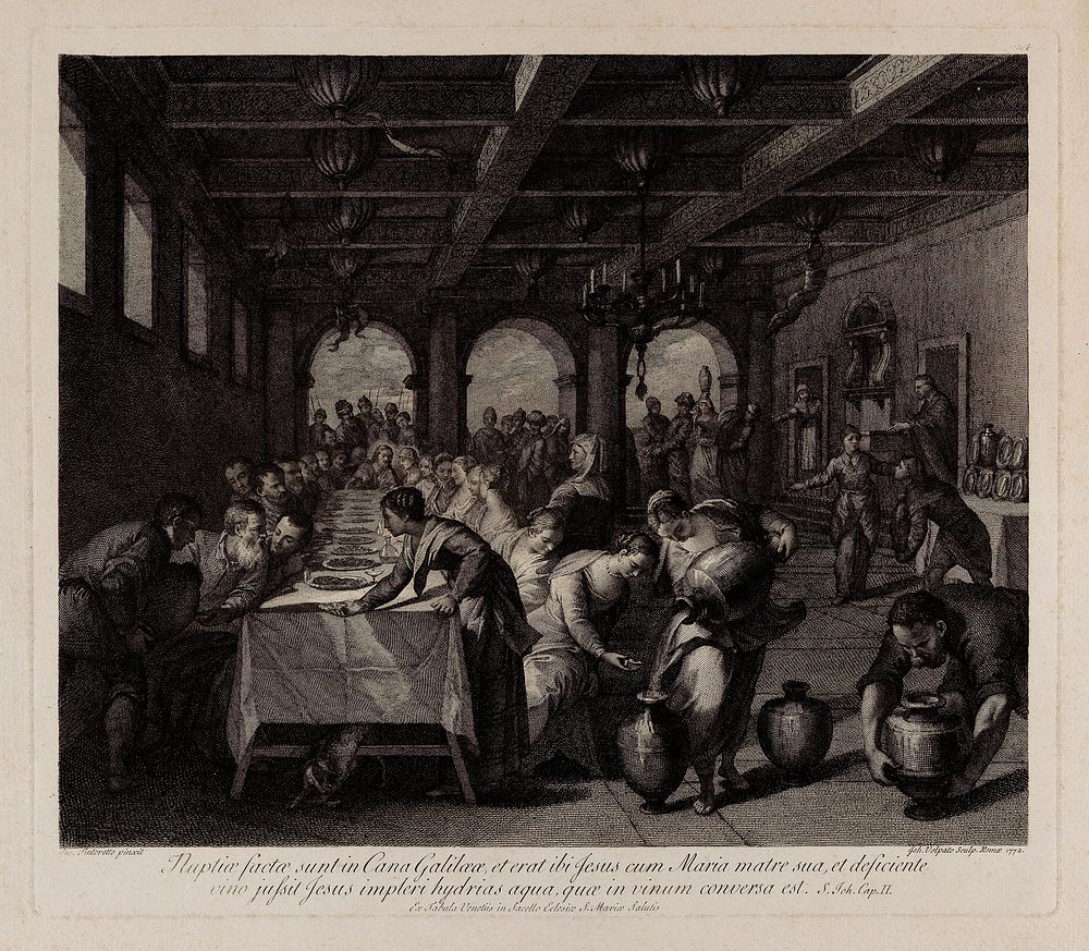 Christ makes wine out of water at the marriage at Cana. Etching by G. Volpato, 1772, after G. Robusti, il Tintoretto.