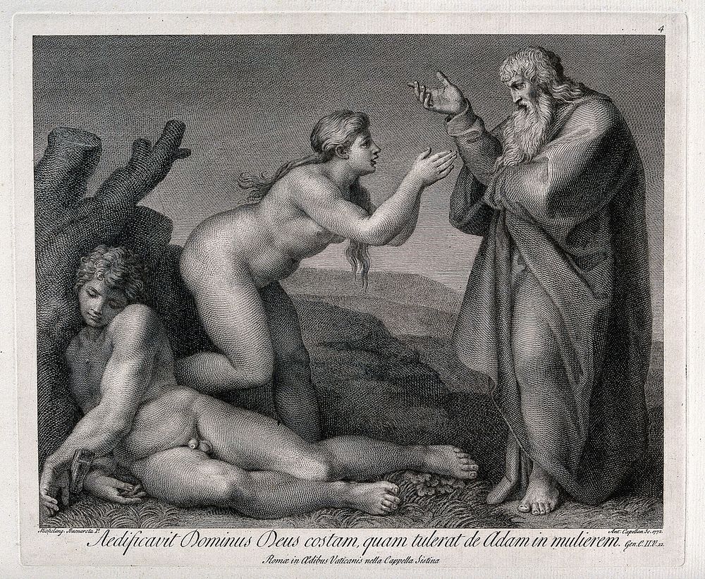 At the bidding of God, Eve ascends praying from Adam's side. Engraving by A. Capellan, 1772, after Michelangelo.