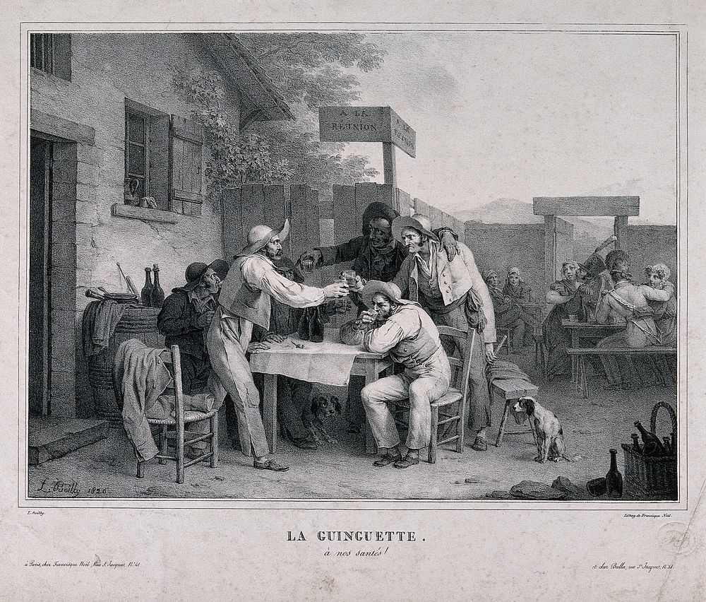 A French tavern with men at a table in the open air drinking a toast to good health. Lithograph by F. Noël after L. Boilly…