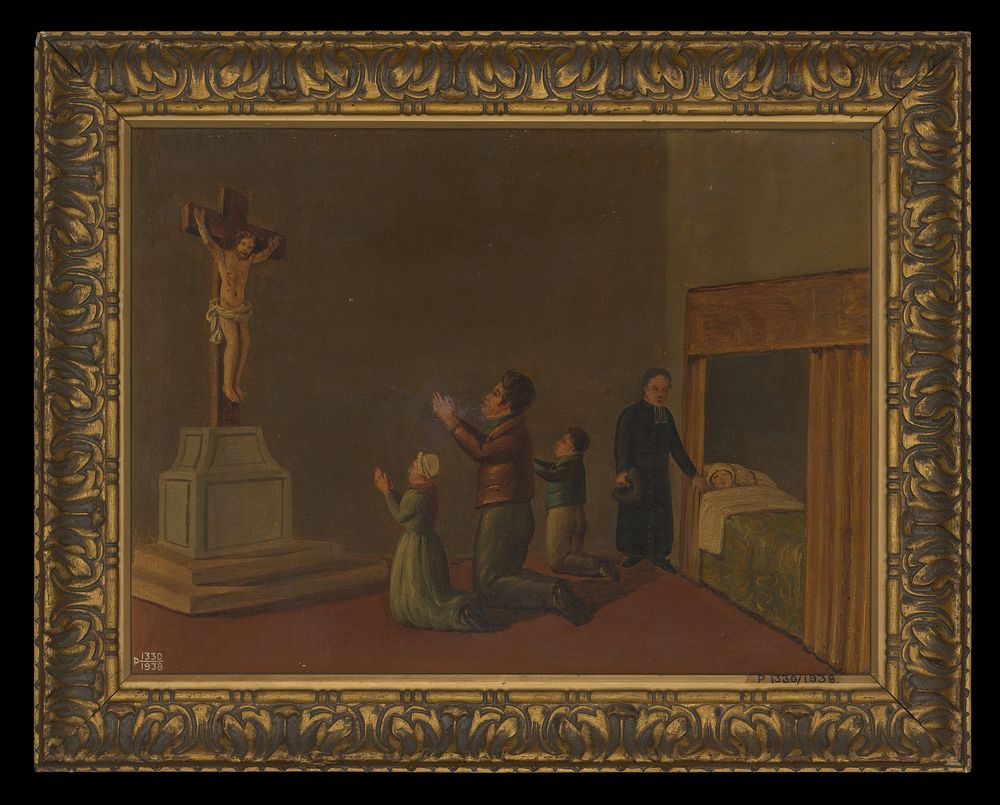 Votive picture: a man and two members of his family praying to Christ crucified for the health of another relative in bed.…