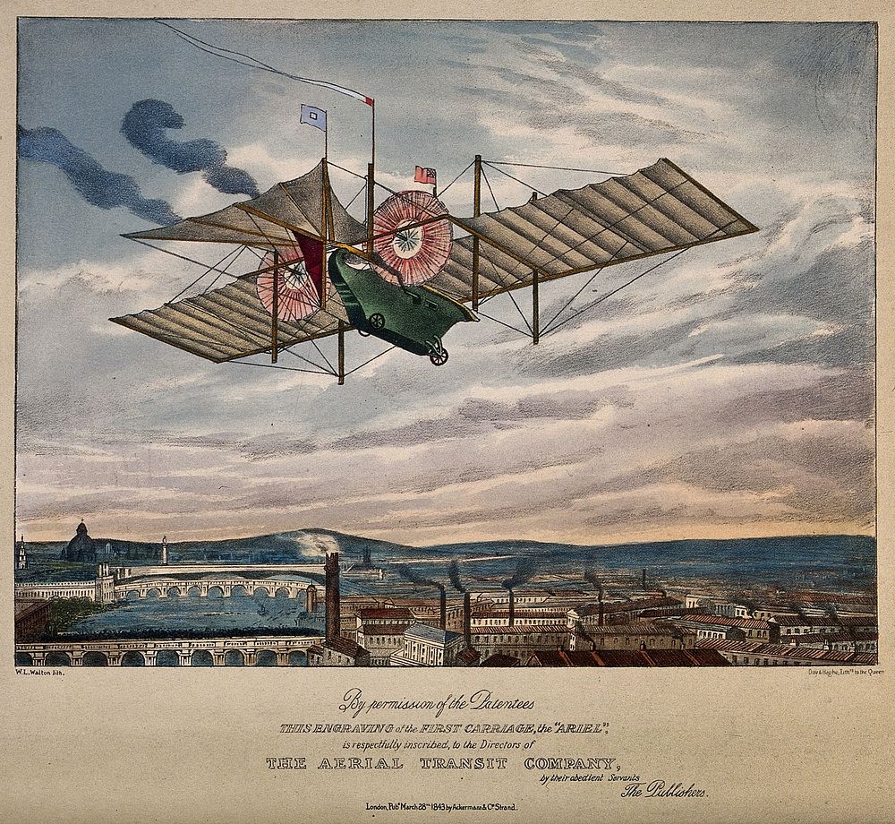 A large flying machine with sails and propellers is travelling over a town. Colour lithograph by W.L. Walton.