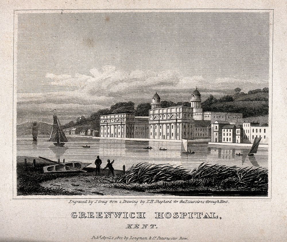 Royal Naval Hospital, Greenwich, viewed at a distance, from the Isle of Dogs, with ships and rowing boats in the foreground.…