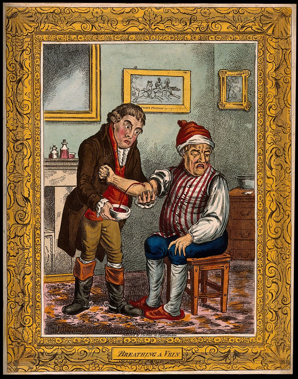 An ill man being bled by a surgeon. Coloured etching after J. Gillray, 1804, after J. Sneyd.