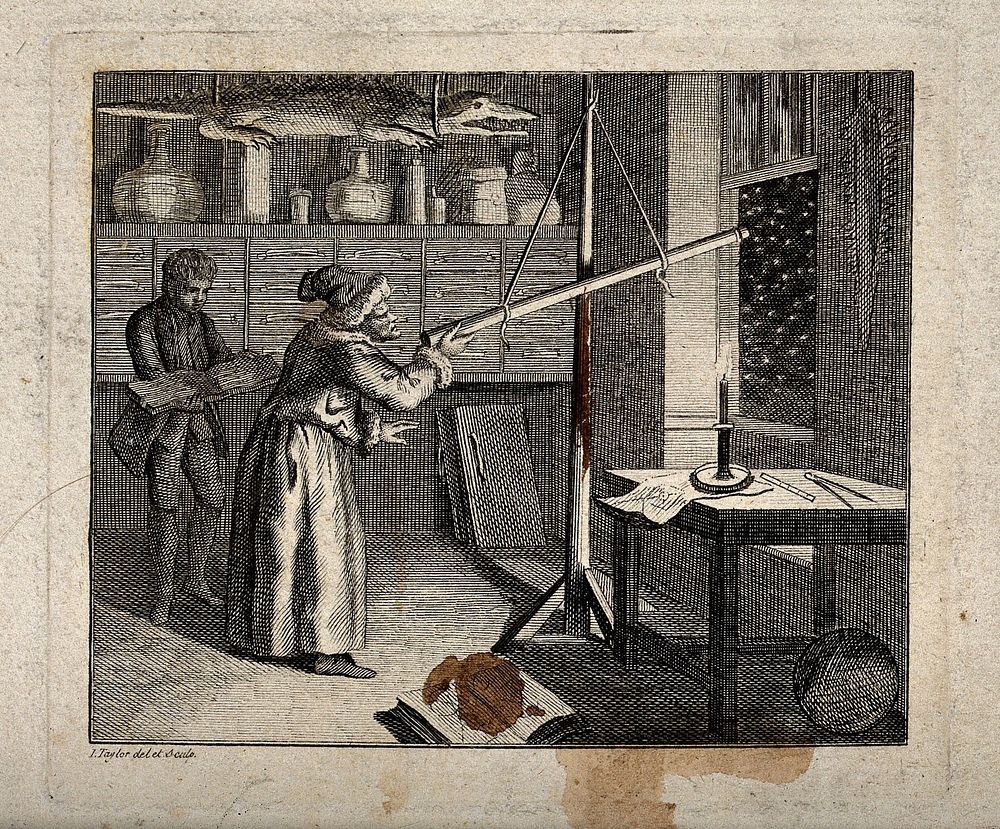 Astronomy: an astronomer in his study, looking out of the window with a telescope. Engraving by C. Grignion after S. Wale.