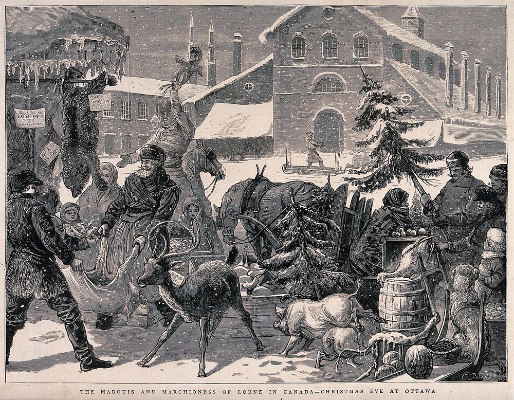 A street market at Christmas time: reindeer, pigs, fruit, turkeys and Christmas trees for sale. Wood engraving by C. Roberts.
