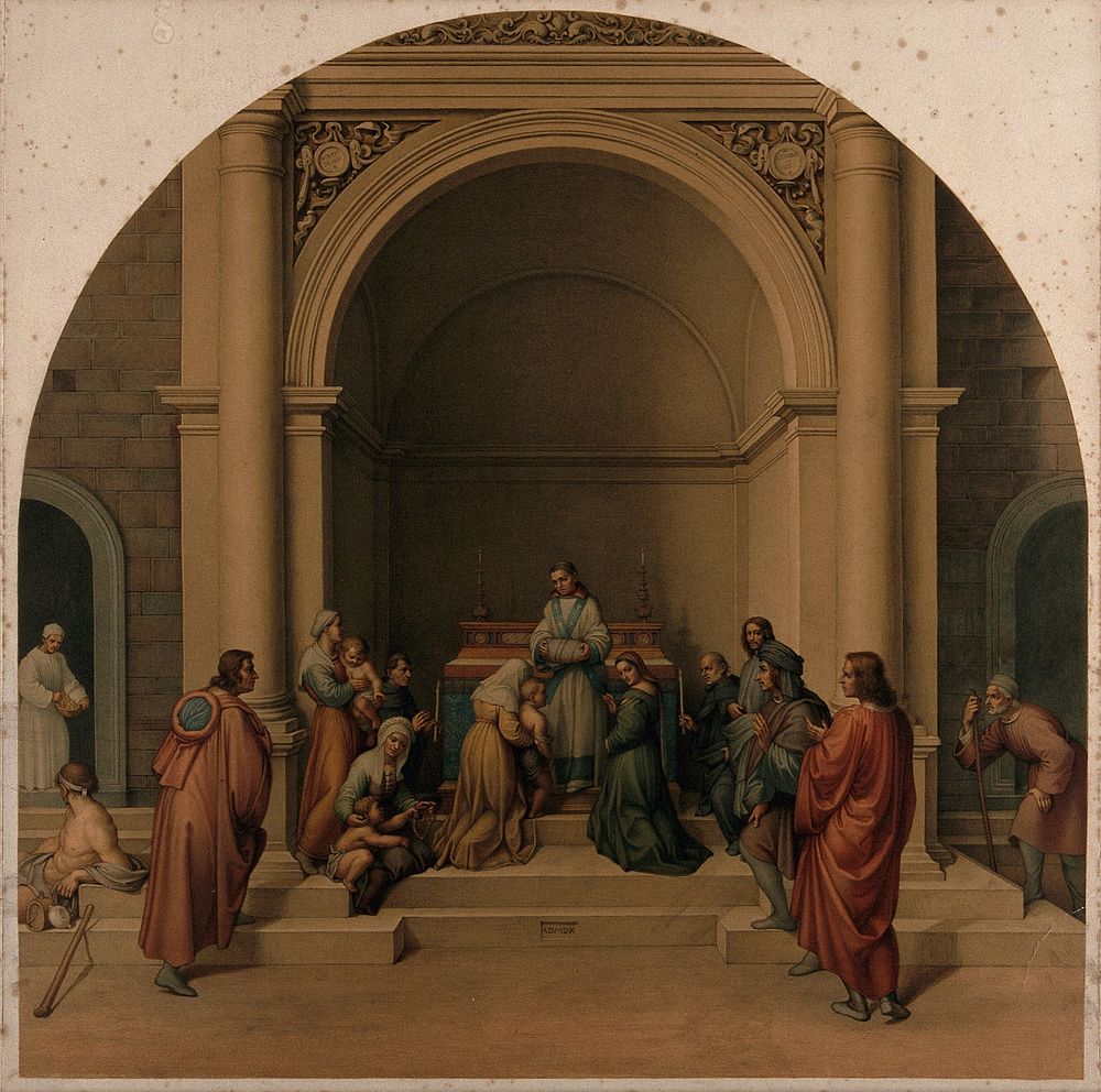 Saint Filippo Benizzi healing children. Chromolithograph, 1869, by L. Gruner after C. Mariannecci after Andrea del Sarto…