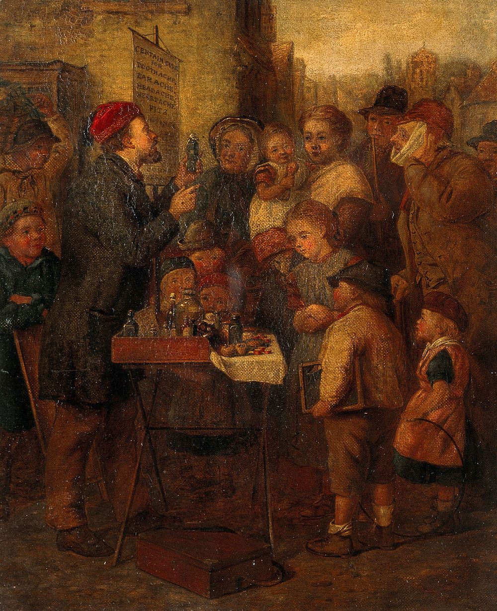 An itinerant quack-doctor. Oil painting by an English painter, mid-19th century.