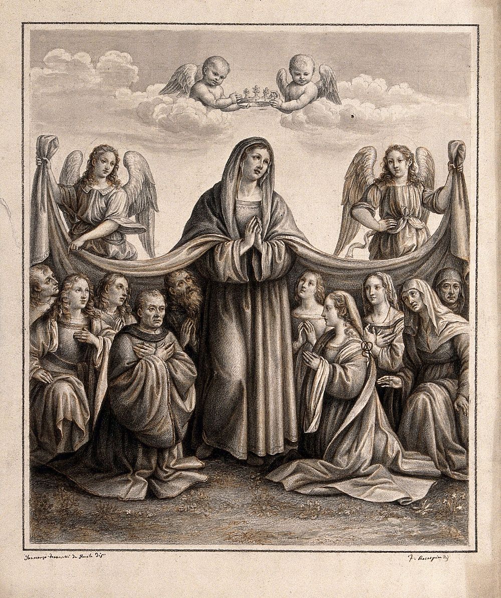 The coronation of the Virgin. Coloured drawing by F. Rosaspina, c. 1830, after I. di P. Francucci.