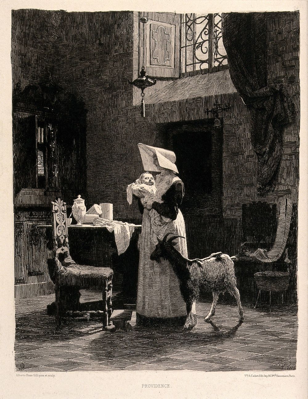 A baby is being taken care of by a nun in a convent. Etching by Alberto Maso Gilli after himself.