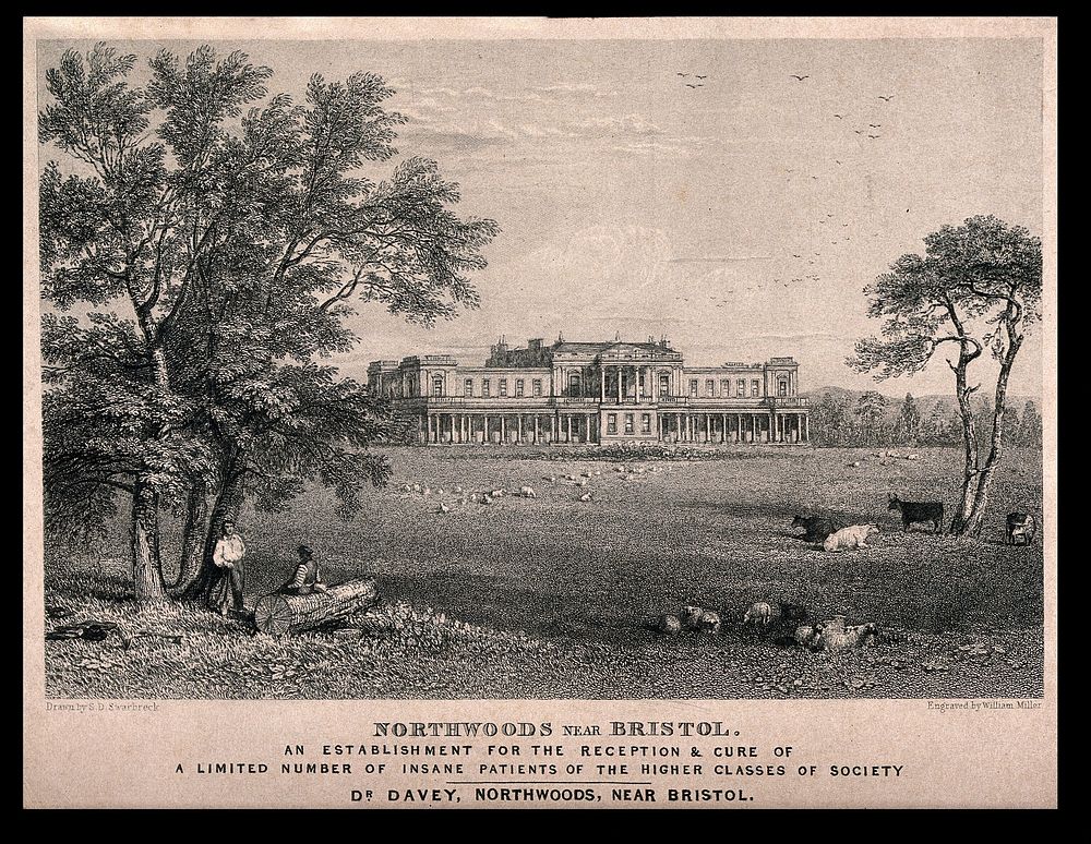 Northwoods asylum and surrounding grounds, Bristol. Line engraving by W. Miller after S.D. Swarbreck.