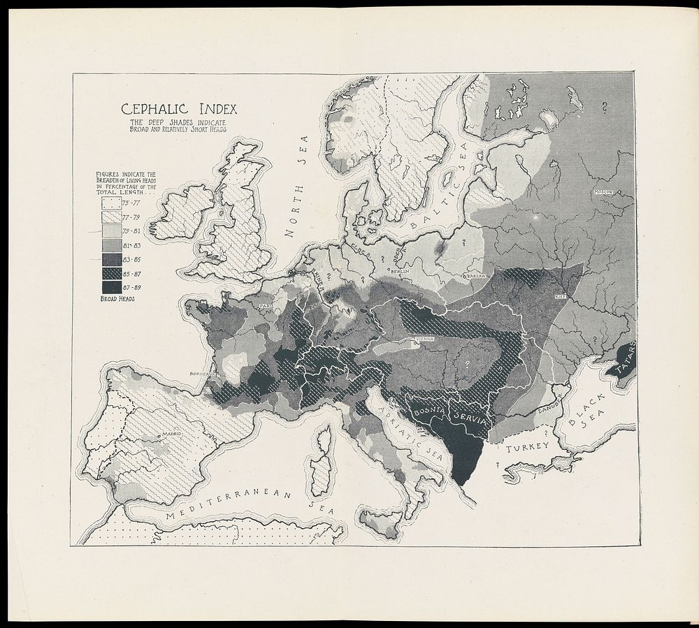 Map showing the Cephalic Index of Europe