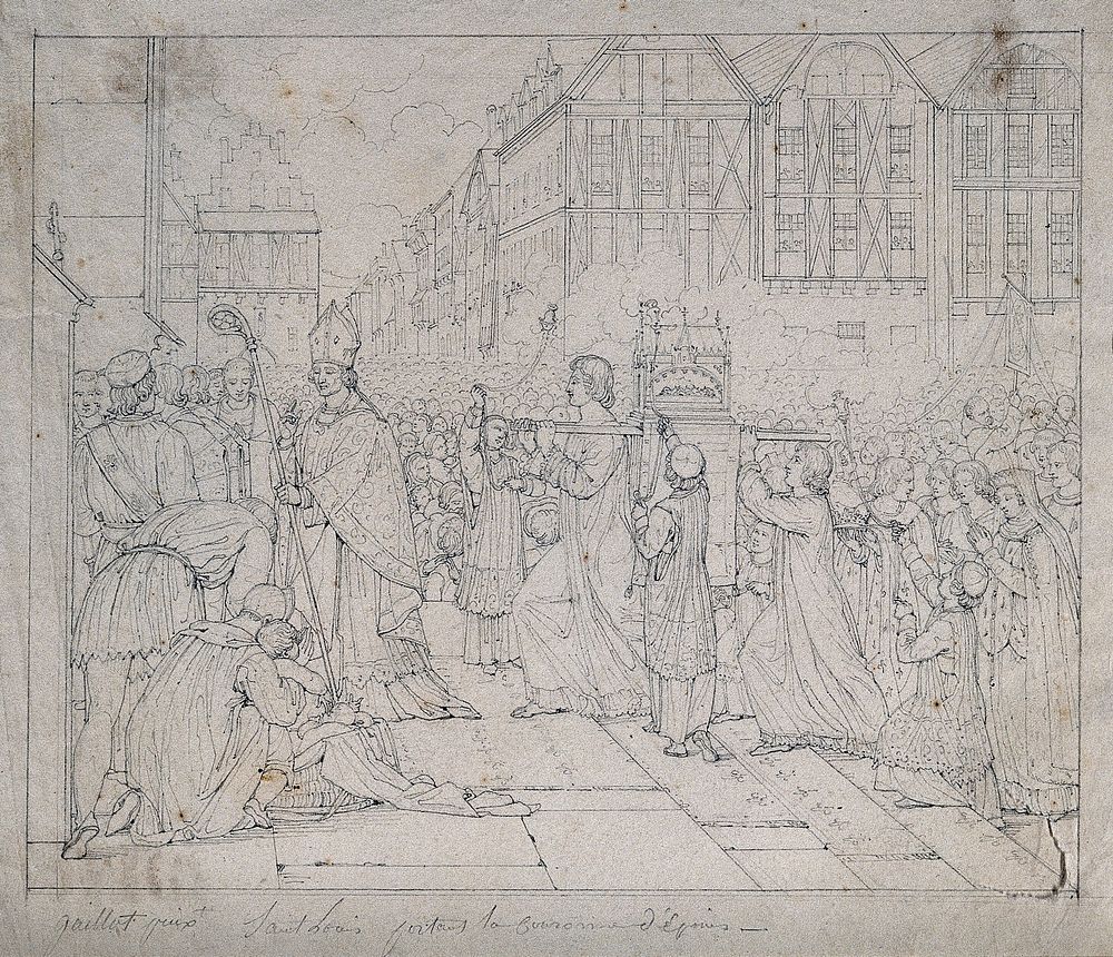 Saint Louis carrying the crown of thorns through the streets of Sens. Pencil drawing after B. Gaillot, 1824.