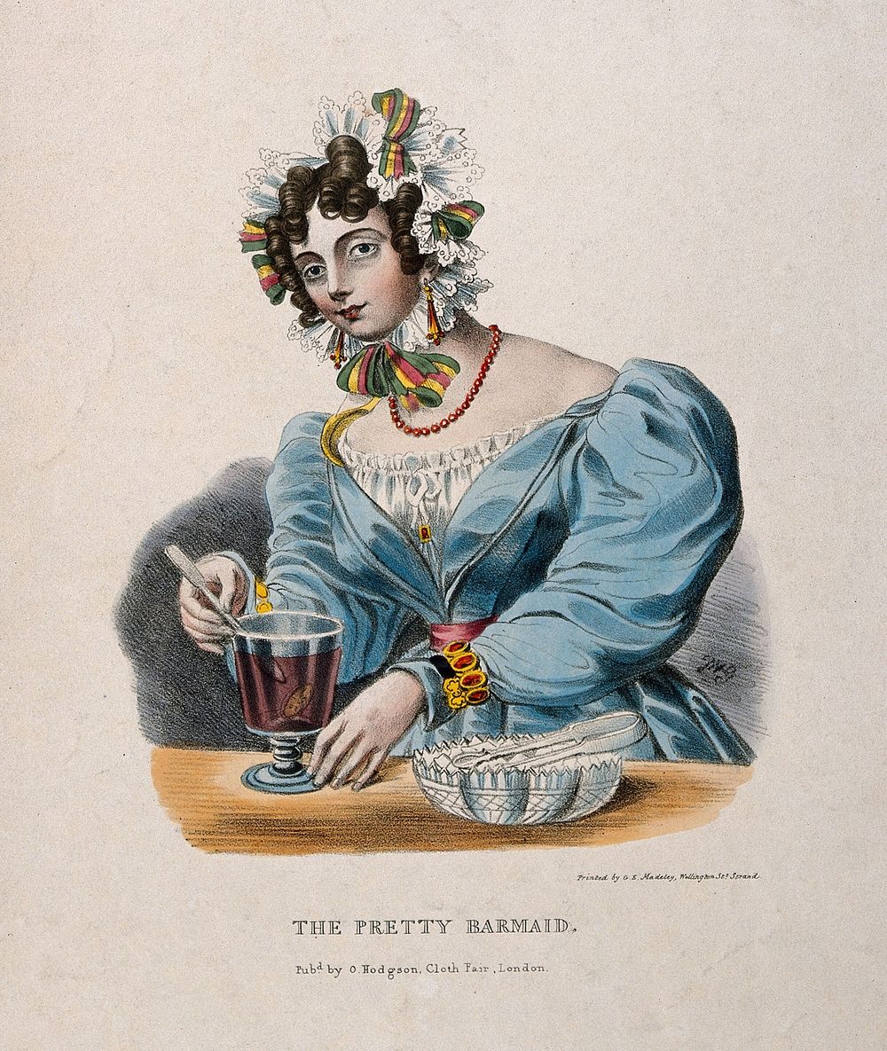 A pretty barmaid mixing a drink in a glass. Coloured lithograph, c. 1825.