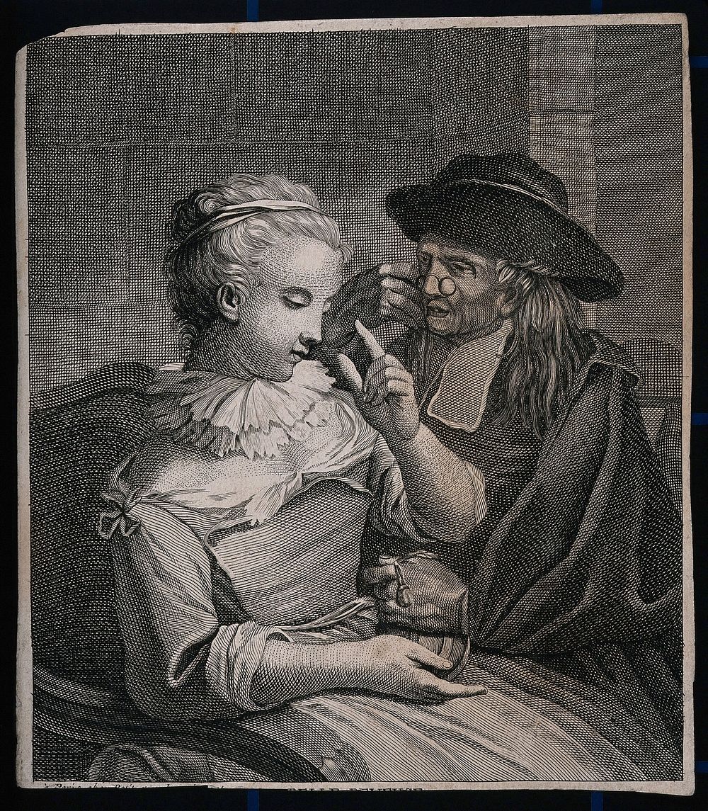 A young blind woman gives a cleric a sum of money, while he peers through his spectacles. Line engraving.