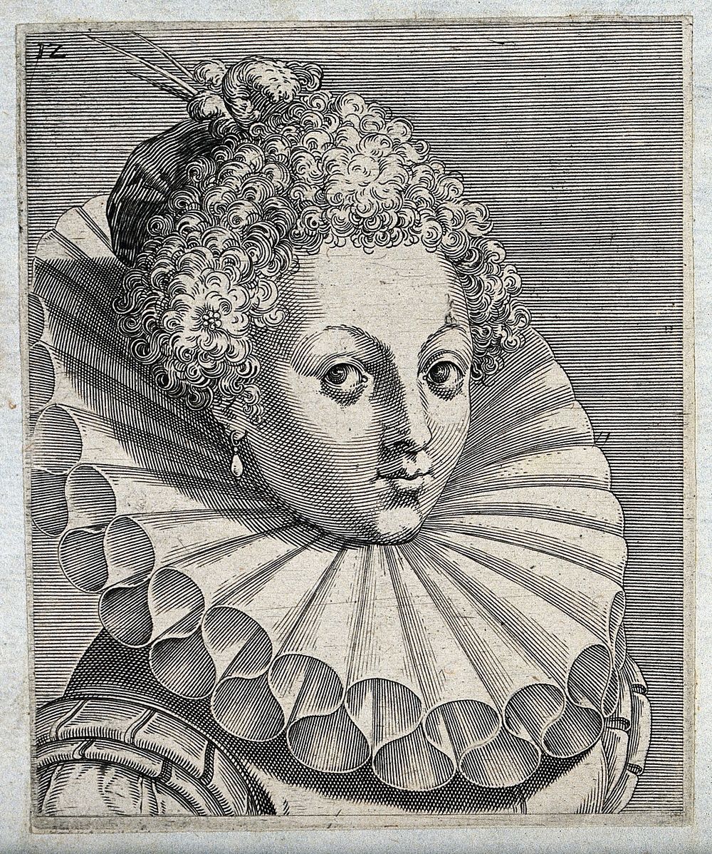 The head and shoulders of a woman who wears her hair in tight curls, a cap with feathers and a high ruff. Engraving by P.…