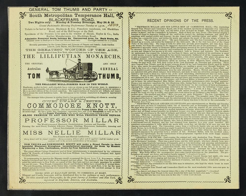 [Leaflet (1880) advertising appearances by The Lilliputian Monarchs: the Australian General Tom Thumb and Commodore Knott at…