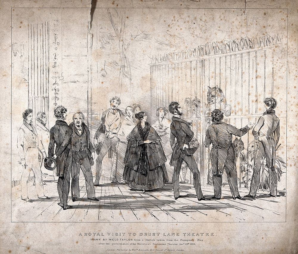 Drury Lane Theatre, London: royal visitors looking at animals in enclosures. Lithograph by W. Taylor.