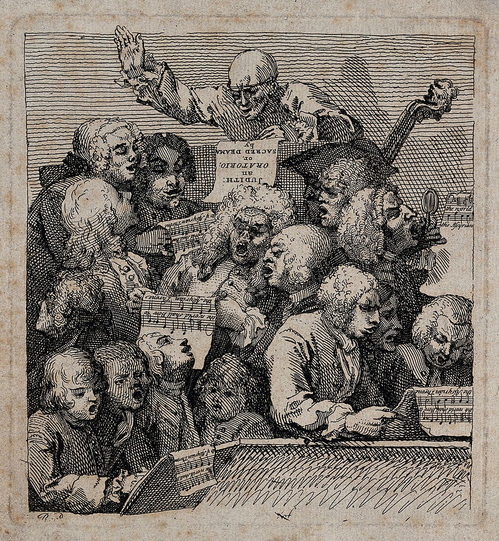 A chorus of singers rehearsing William Huggins' oratorio "Judith". Etching by W. Hogarth, 1732.